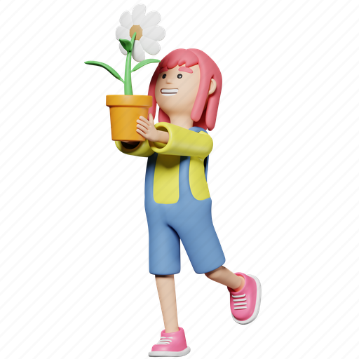 Girl hold a pot of flower, girl, holding, pot, flower, happy, human activity 3D illustration - Download on Iconfinder