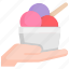 cup, dessert, hand, holding, ice cream, scoop, sweet 