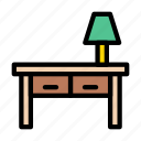 desk, drawer, interior, lamp, table