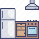 fridge, furnishing, furniture, interior, kitchen, stove, ventilator