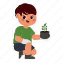 boy, planting, kid, gardening, ecology, environment, people, agriculture, character