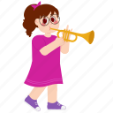 happy, girl, trumpet, kid, child, character, instrument, music, childhood
