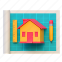house, blueprint, labour, illustration, 3d cartoon, isolated, labor day, holiday, construction, worker 