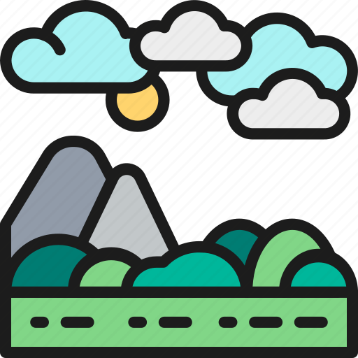 Field, hill, illustration, landscape, mountain, rocky, tree icon - Download on Iconfinder