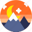 circle, dusk, flat icon, landscape, moon, mountain 