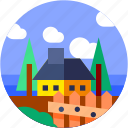 circle, flat icon, house, landscape, trees, village 