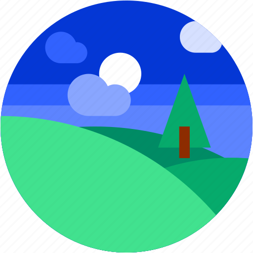 Circle, flat icon, hills, landscape, tourism, tree icon - Download on Iconfinder