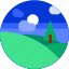 circle, flat icon, hills, landscape, tourism, tree 