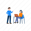 laptop, working, female, male, table
