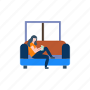 reading, couch, sitting, female, books