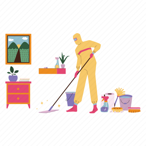 Clean, home, janitor, interior, cleaning service, pandemic, corona illustration - Download on Iconfinder