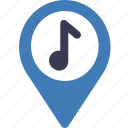 audio, map pointer, music, pin, placeholder, signs, map point