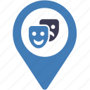 comedy, entertainment, location, map, masks, pin, pointer