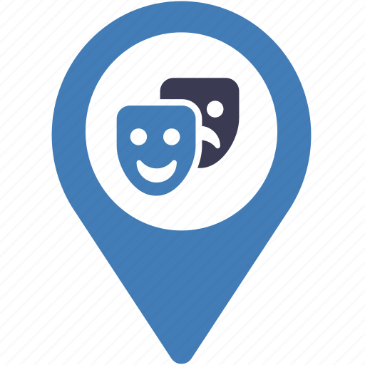 Comedy, entertainment, location, map, masks, pin, pointer icon - Download on Iconfinder