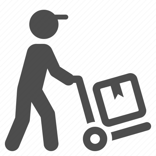Box, courier, delivery, hand truck, logistics, man icon - Download on Iconfinder