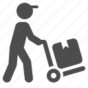 boy, courier, delivery, hand truck, logistics, man, package