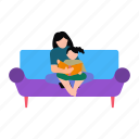 mother, daughter, reading, couch, sitting