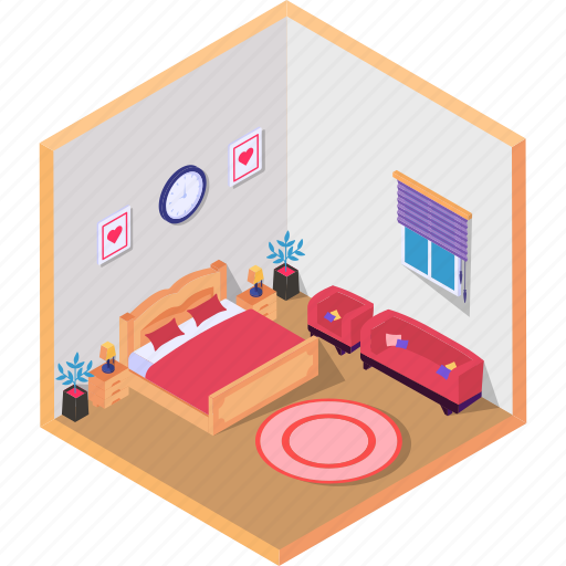 Cozy bedroom with furniture, king size bed, side lamp, carpet, pile, paintings, bedside illustration - Download on Iconfinder
