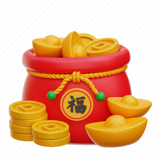 Coin, gold, sack, treasure, china, asian 3D illustration - Download on Iconfinder