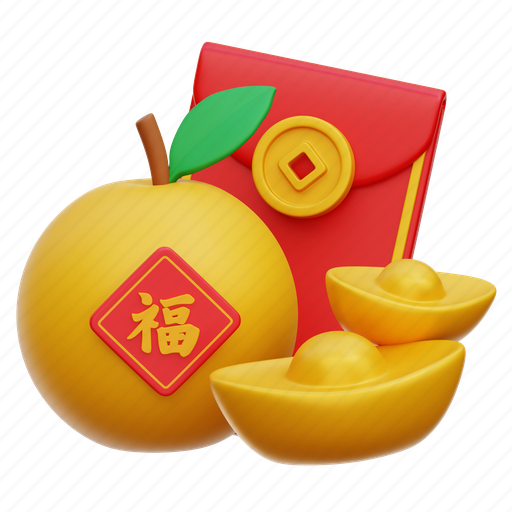 Mandarin, orange, fruit, chinese envelope, gold 3D illustration - Download on Iconfinder