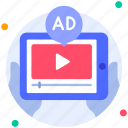 video ad, tab, video, ads, play, communication media, device, technology, communication