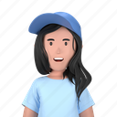 girl wearing hat, sporty, casual, hat, t shirt, long hair, female, diversity, avatar 