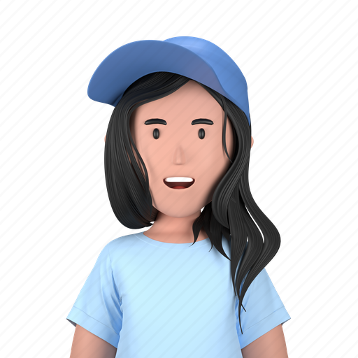 Girl wearing hat, sporty, casual, hat, t shirt, long hair, female 3D illustration - Download on Iconfinder