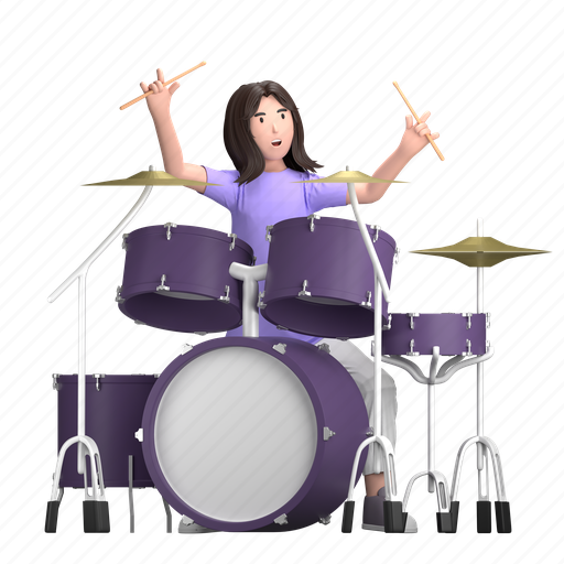 Female with drum set, drum, drummer, drumkit, drum set, female, music concert 3D illustration - Download on Iconfinder