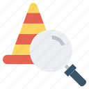 find, glass, magnifier, magnifying glass, road cone, search, zoom