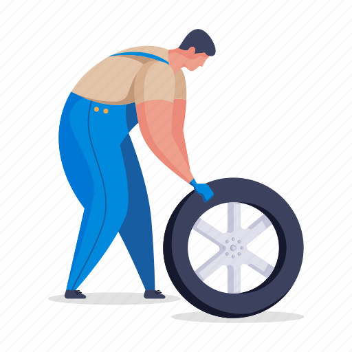 Character, builder, mechanic, man, tire, wheel illustration - Download on Iconfinder