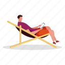 leisure, character, builder, man, chaise, lounge, chair, electronic, device 