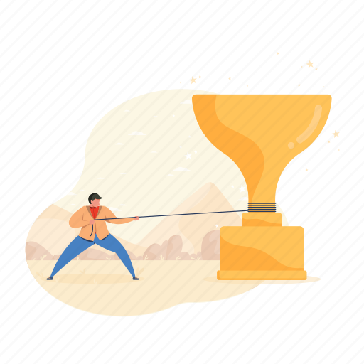 Achievements, pull, rope, trophy, award, man illustration - Download on Iconfinder