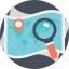 direction finding, find location, geography, location search, map under magnifier 