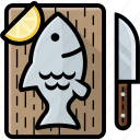 cleaning, cutting board, fish, kitchen, knife 