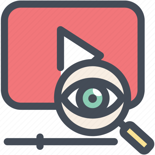 Content management, film, magnifying glass, movie, play, research, video search icon - Download on Iconfinder