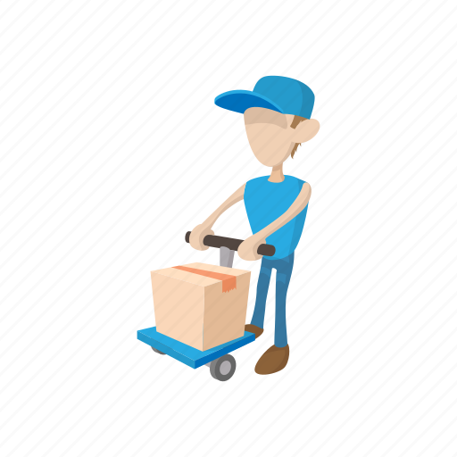 Background, box, cart, cartoon, courier, delivery, man icon - Download on Iconfinder