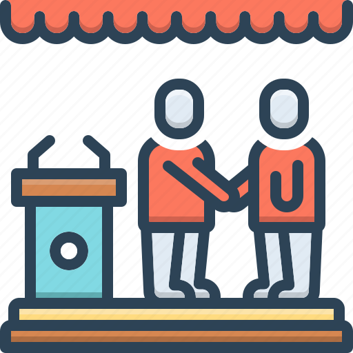 Meetup, commingle, conjoin, handshake, patnership, dustbin, standing on foothpath icon - Download on Iconfinder