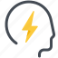 brain, energy, head, human, idea, lightning, motivation 