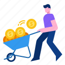 carryingmoney, coin, earning, making, money, wheelbarrow 
