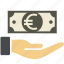 cash, coin, dollar, euro, hand, income, investment, money, paper, sign, streched 