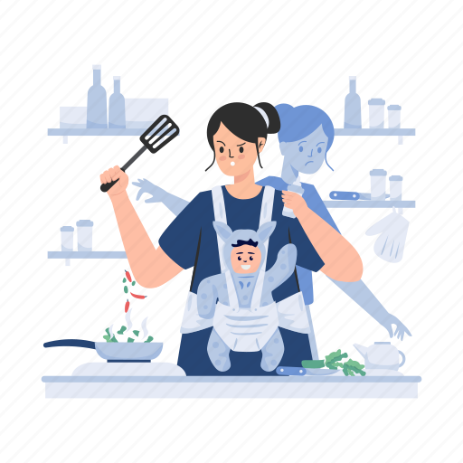 Mother, mom, multitasking, cooking, housewife, activities, food illustration - Download on Iconfinder