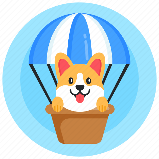Dog air delivery, parachute dog, dog parachute flying, puppy air gift, parachute puppy icon - Download on Iconfinder