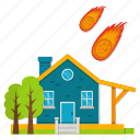 asteroid, flame, fire, falling, house, home, destruction