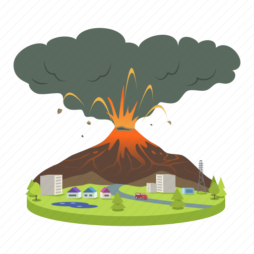 Volcano, lava, eruption, city, natural disaster illustration - Download on Iconfinder