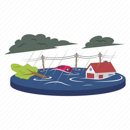Flood, water, town, natural disaster, heavy rain illustration - Download on Iconfinder