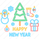 happy, new, year, neon, label, snowman, christmas, christmas tree