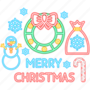 merry, christmas, neon, label, snowman, wreath, snow, bag