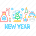 new, year, neon, label, christmas, winter, snow, snowflake