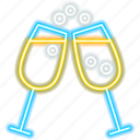 two, glasses, drink, neon, sign, alcohol, beverage, champagne