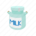 can, cartoon, container, handle, jar, metal, milk